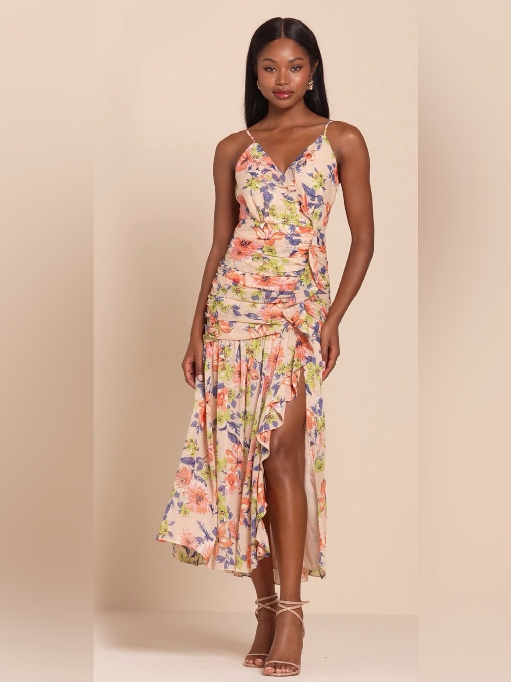 NEW LULU’S Stunning Soirée Blush Pink Floral Print Ruched Midi Dress Size S